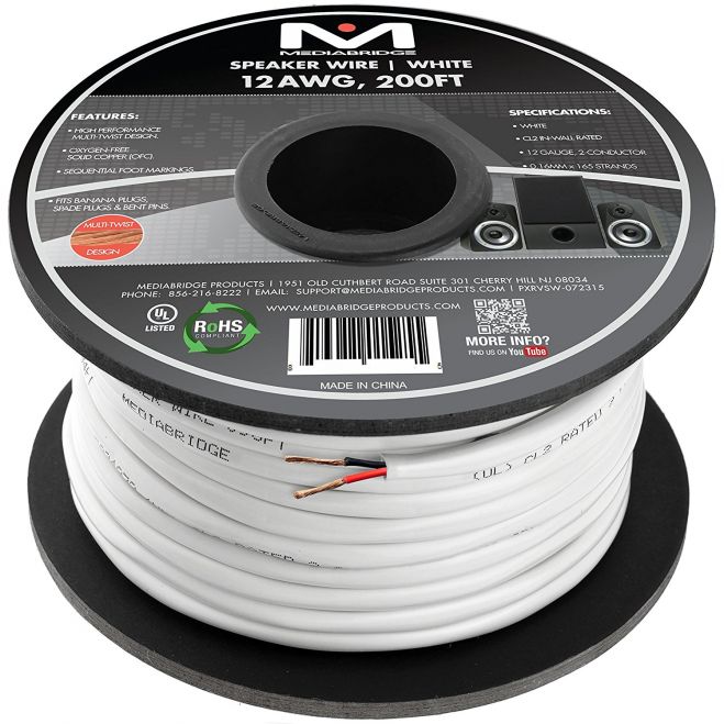 Mediabridge 12AWG 2-Conductor Speaker Wire (200 Feet, White) - 99.9% Oxygen Free Copper – UL Listed CL2 Rated for In-Wall Use (Part# SW-12X2-200-WH )